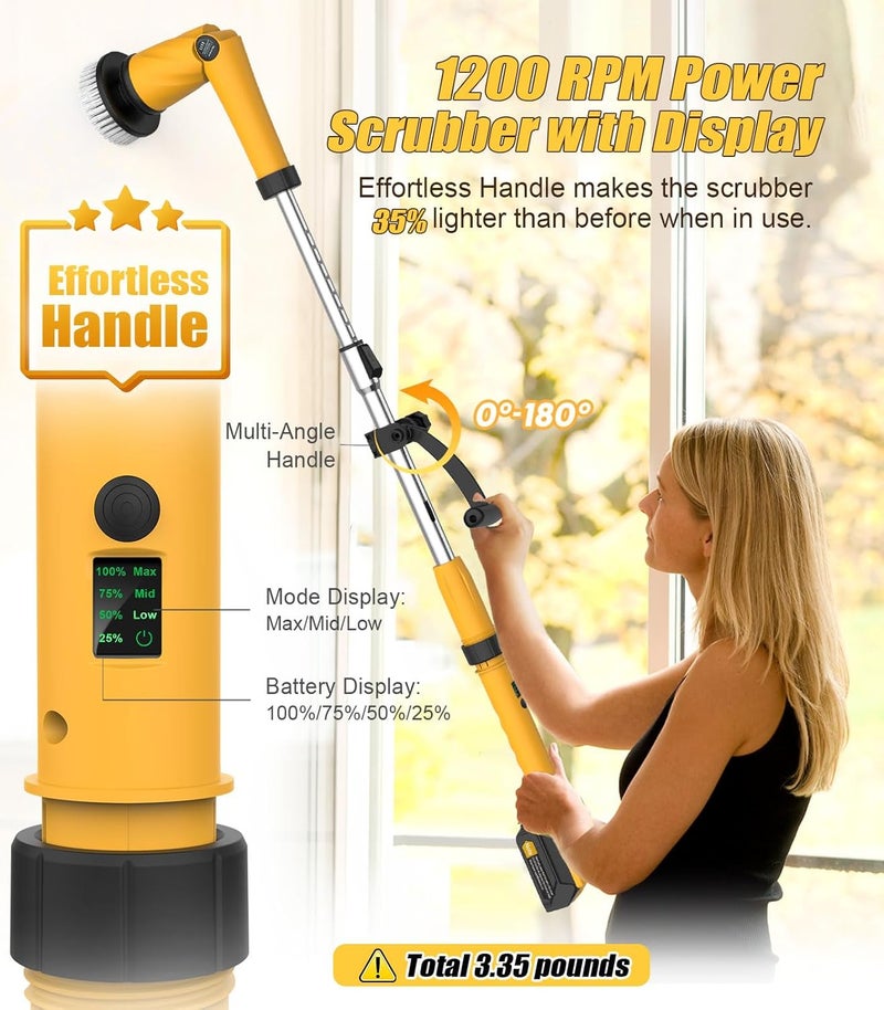 qimedo Electric Spin Scrubber Extra Large Brush Q3,6000 mAh Best Battery Power Scrubber for Cleaning,1200RPM Shower Cordless Cleaning Brush with 8 Brushes for Bath/Tub/Tile/Floor (Smart Display) - Image 5